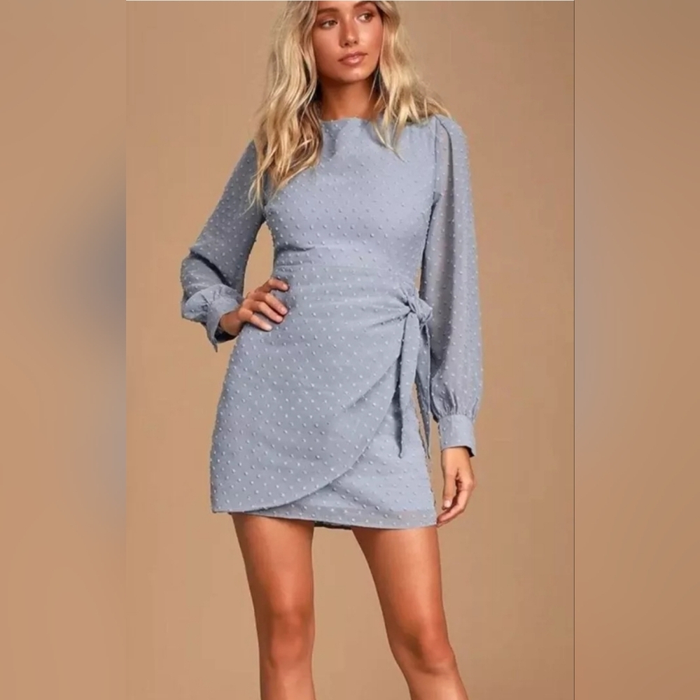 Lulus Light Blue Much Love Swiss Dot Long Sleeve Tie Front Mini Dress Size S